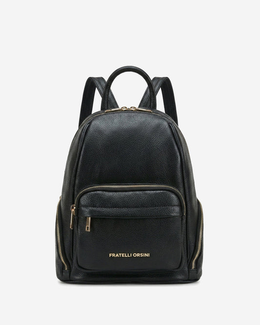 A black pebbled leather backpack with gold-tone hardware and the brand name 'FRATELLI ORSINI' printed in gold on the front pocket, shown against a plain light gray background.