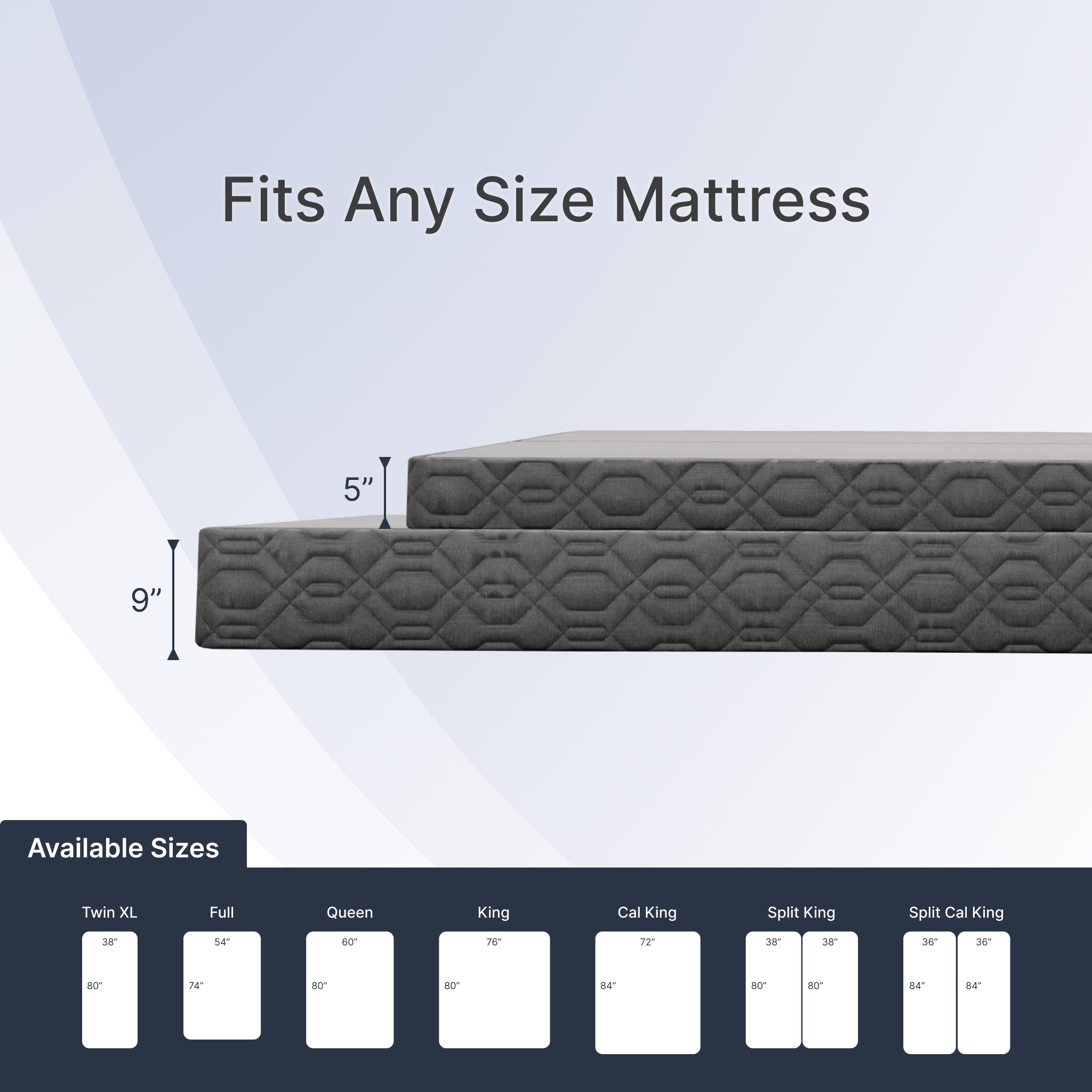 Gray mattress with size chart on a white background