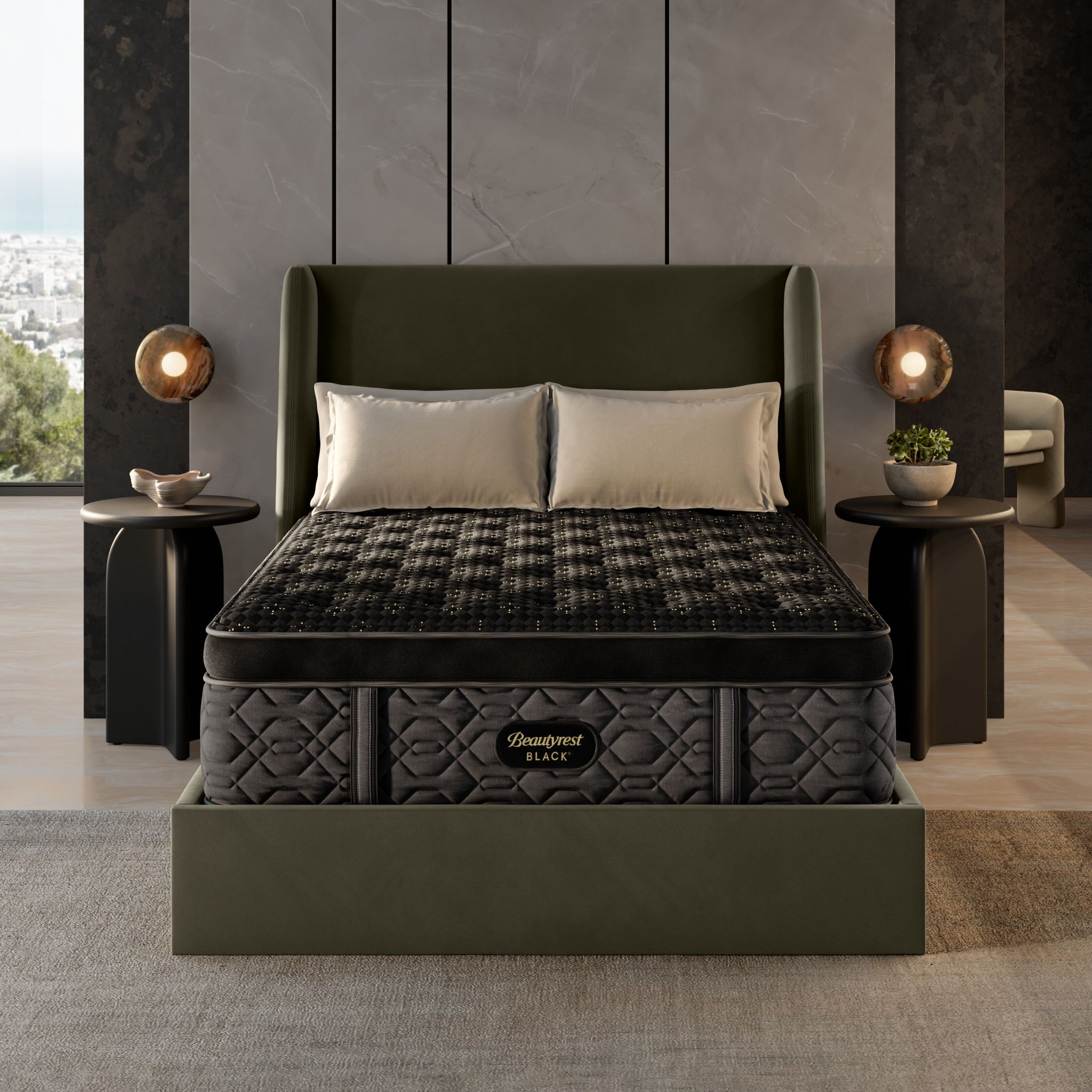 Dark gray mattress on a bed with decorative pillows in a modern bedroom setting.