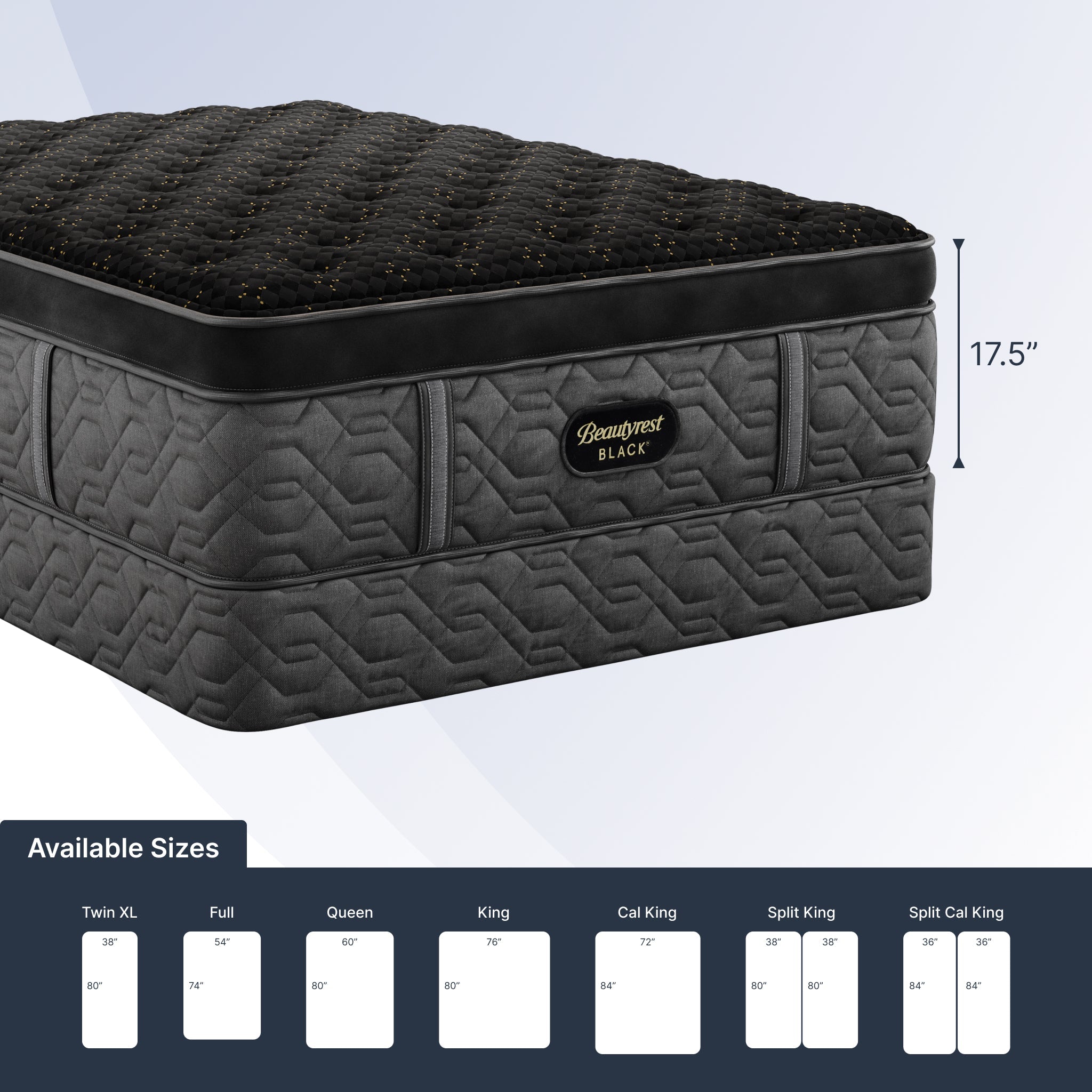 Gray mattress with brand logo and size chart on a white background