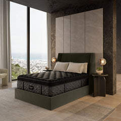 Modern bedroom with a black mattress on a bed frame, large windows, and decorative elements.