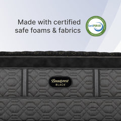 Gray mattress with Beautyrest Black logo and CertiPUR-US certification label on a light gray background