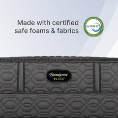 Gray mattress with Beautyrest Black logo and CertiPUR-US certification label on a light gray background