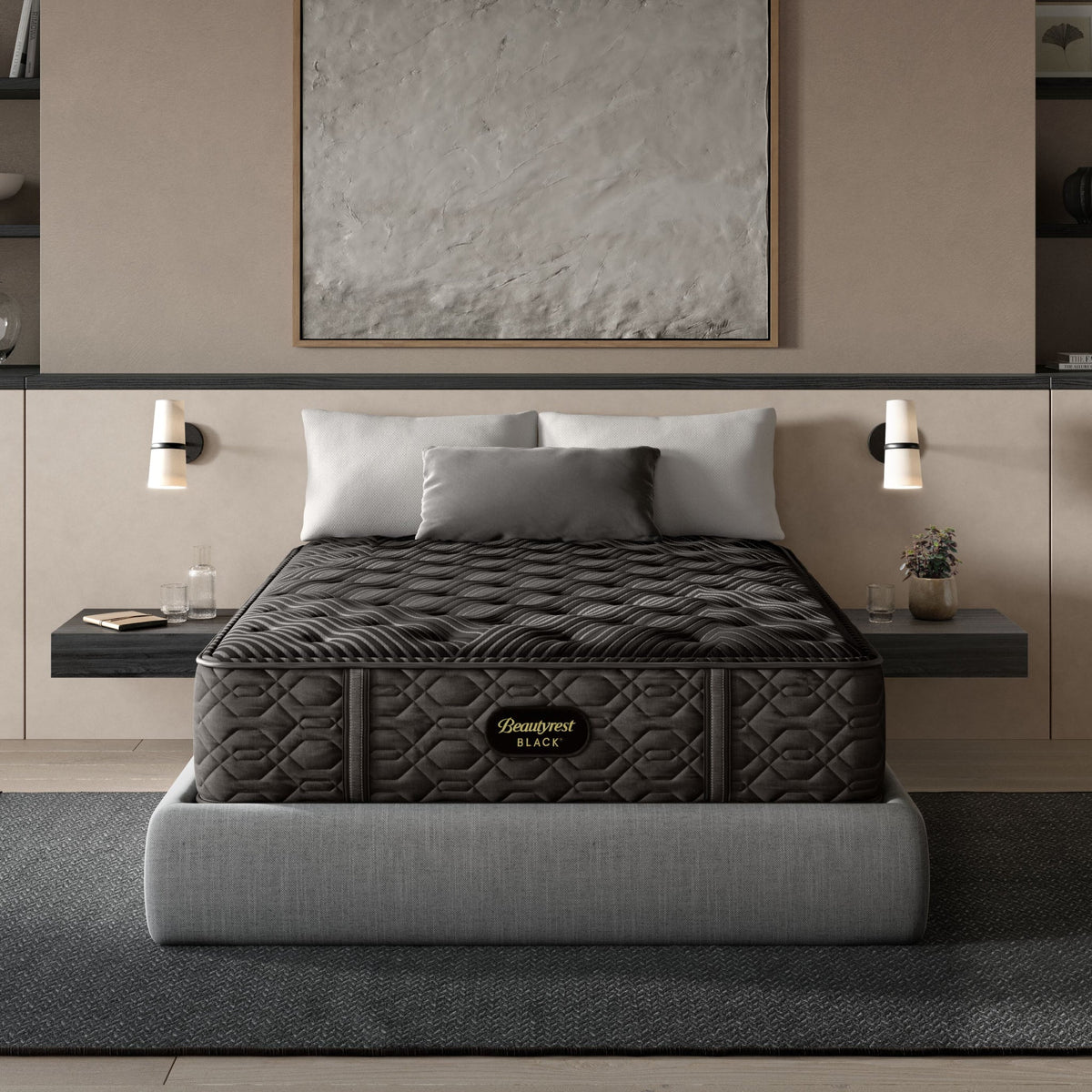 Gray mattress on a bed in a modern bedroom setting