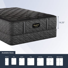 Gray mattress with Beautyrest Black logo and size chart below on a light gray background