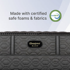 Gray Beautyrest Black mattress with CertiPUR-US logo on a light gray background