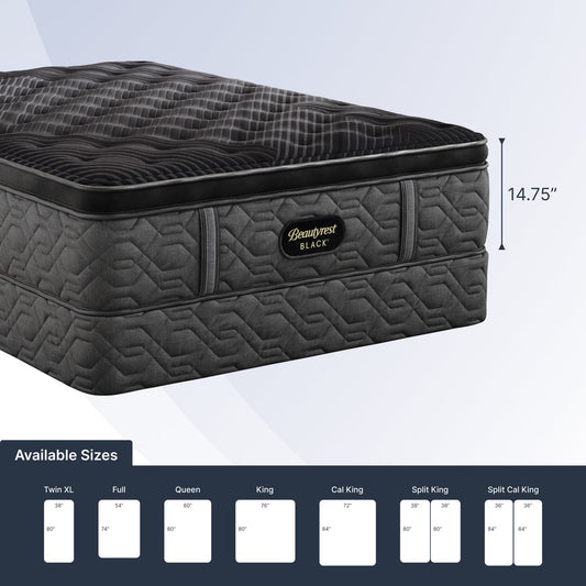 Gray mattress with Beautyrest Black branding and size chart below on a light gray background