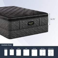 Gray mattress with Beautyrest Black branding and size chart below on a light gray background