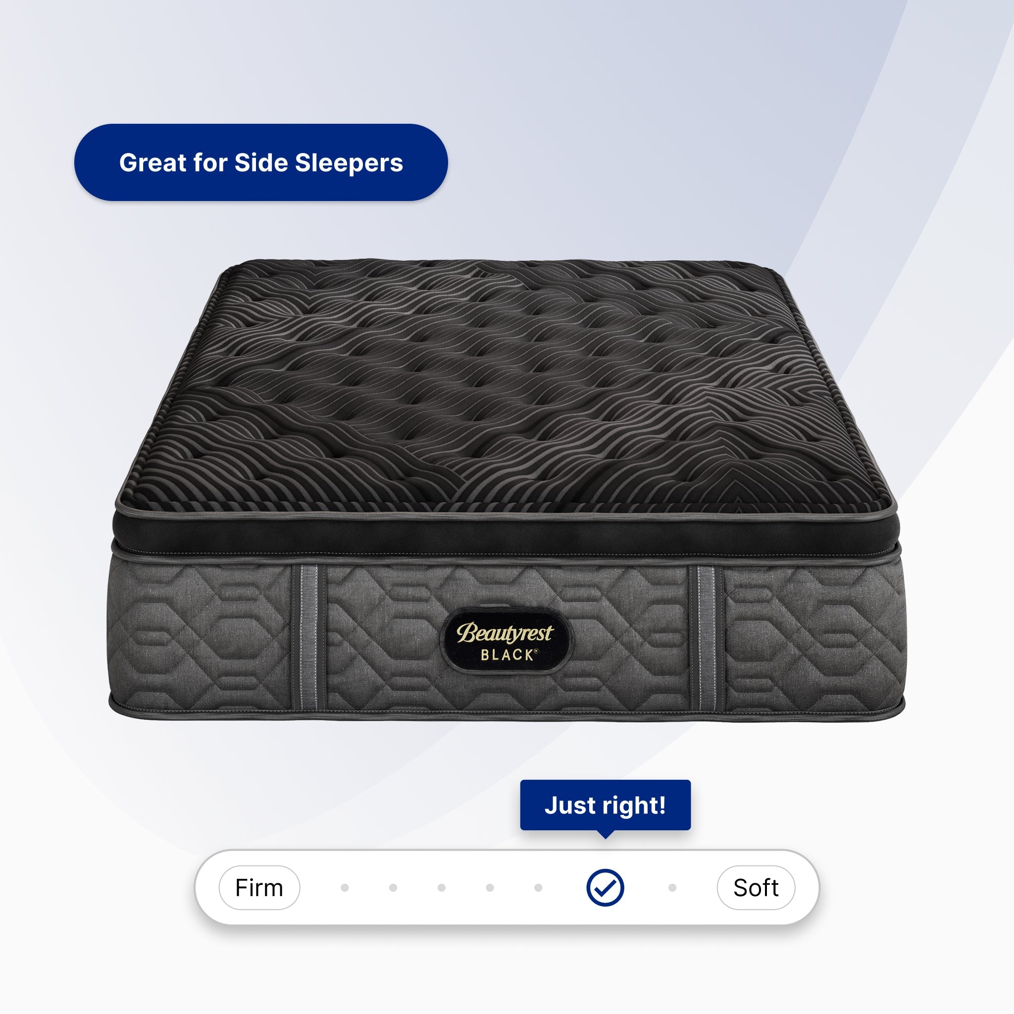 Gray mattress with 'Beautyrest Black' branding on a light gray background