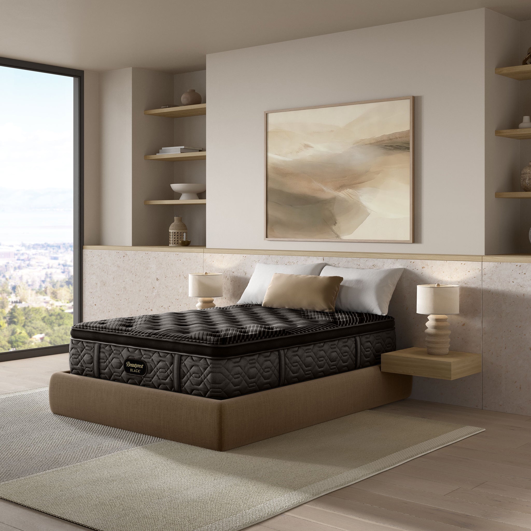 Mattress on a bed in a modern bedroom with shelves and artwork.