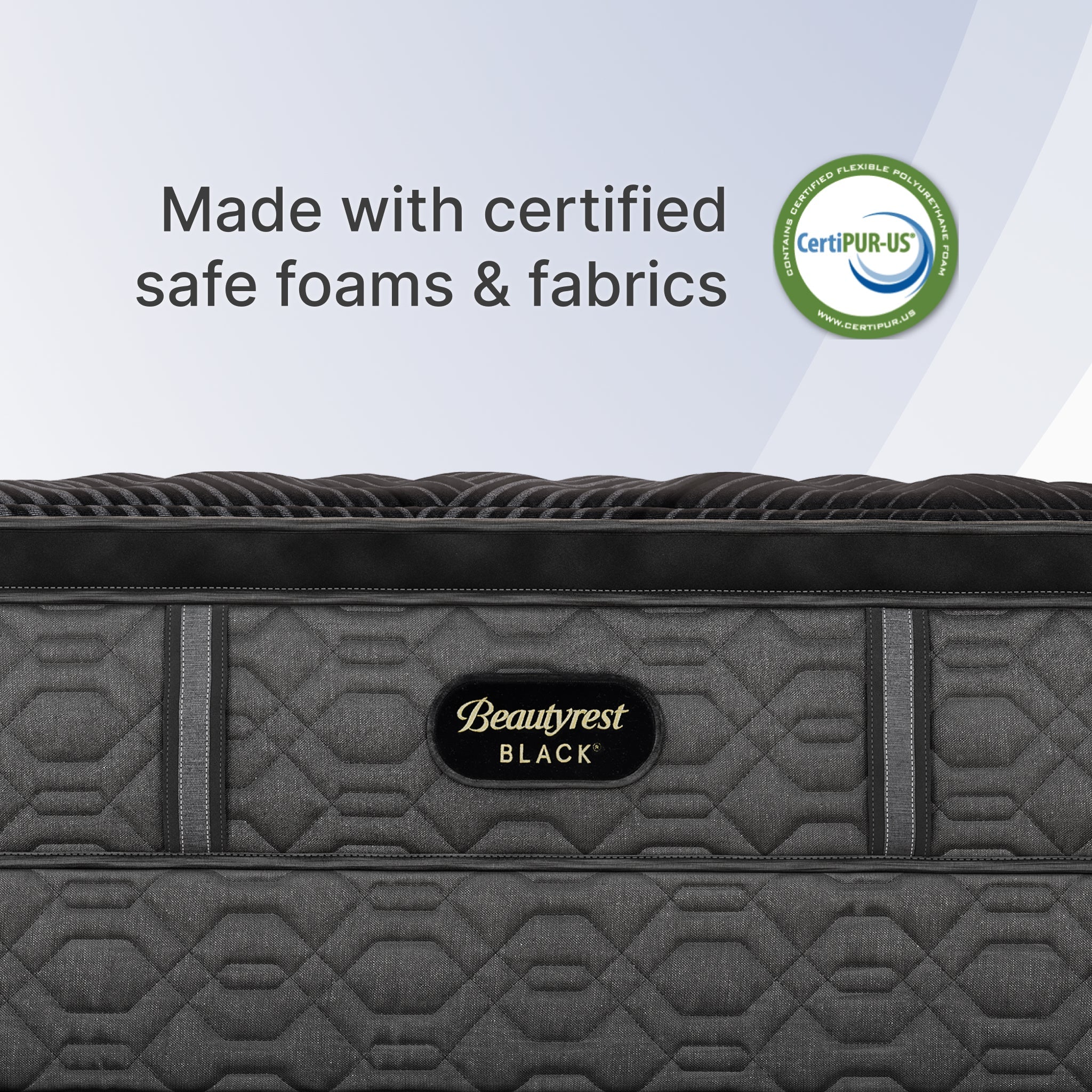 Gray mattress with Beautyrest Black logo and CertiPUR-US certification label on a light gray background