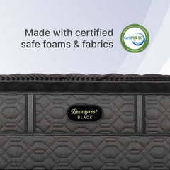 Gray mattress with Beautyrest Black logo and CertiPUR-US certification label on a light gray background