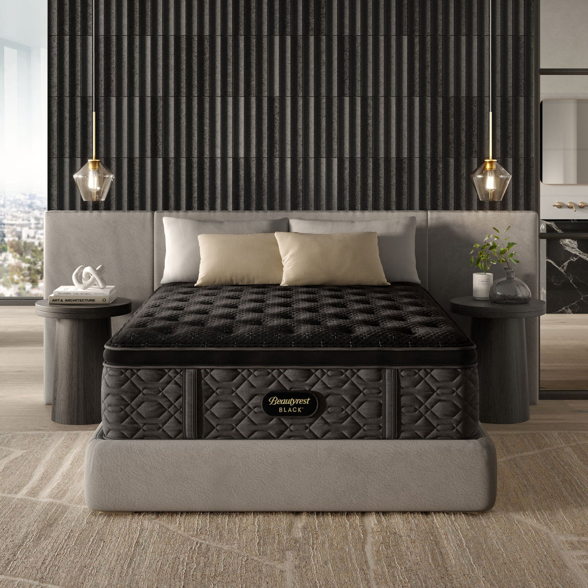 Black mattress on a bed in a modern bedroom setting