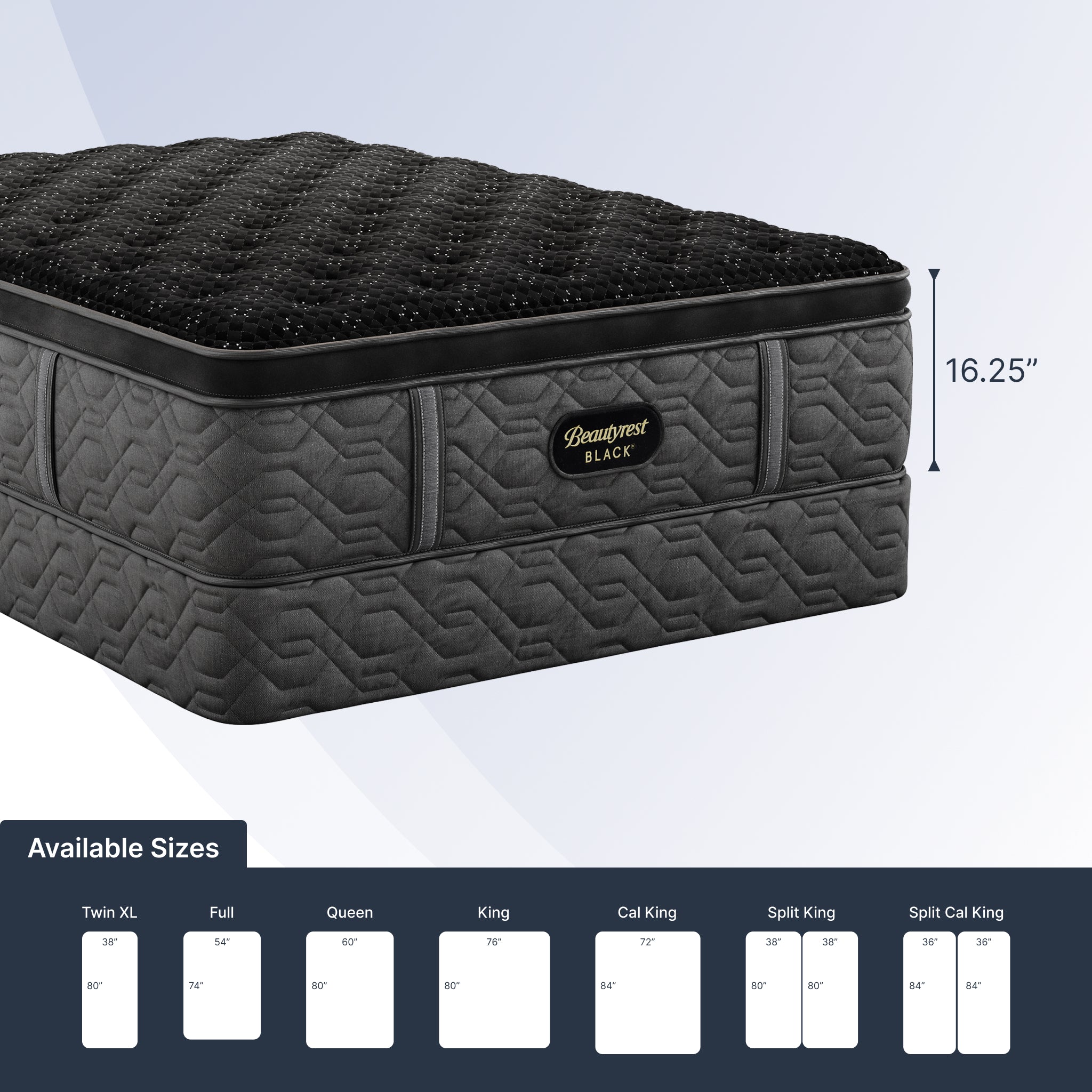 Black mattress with visible brand logo on a white background, showing dimensions and size options.