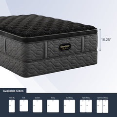 Black mattress with visible brand logo on a white background, showing dimensions and size options.