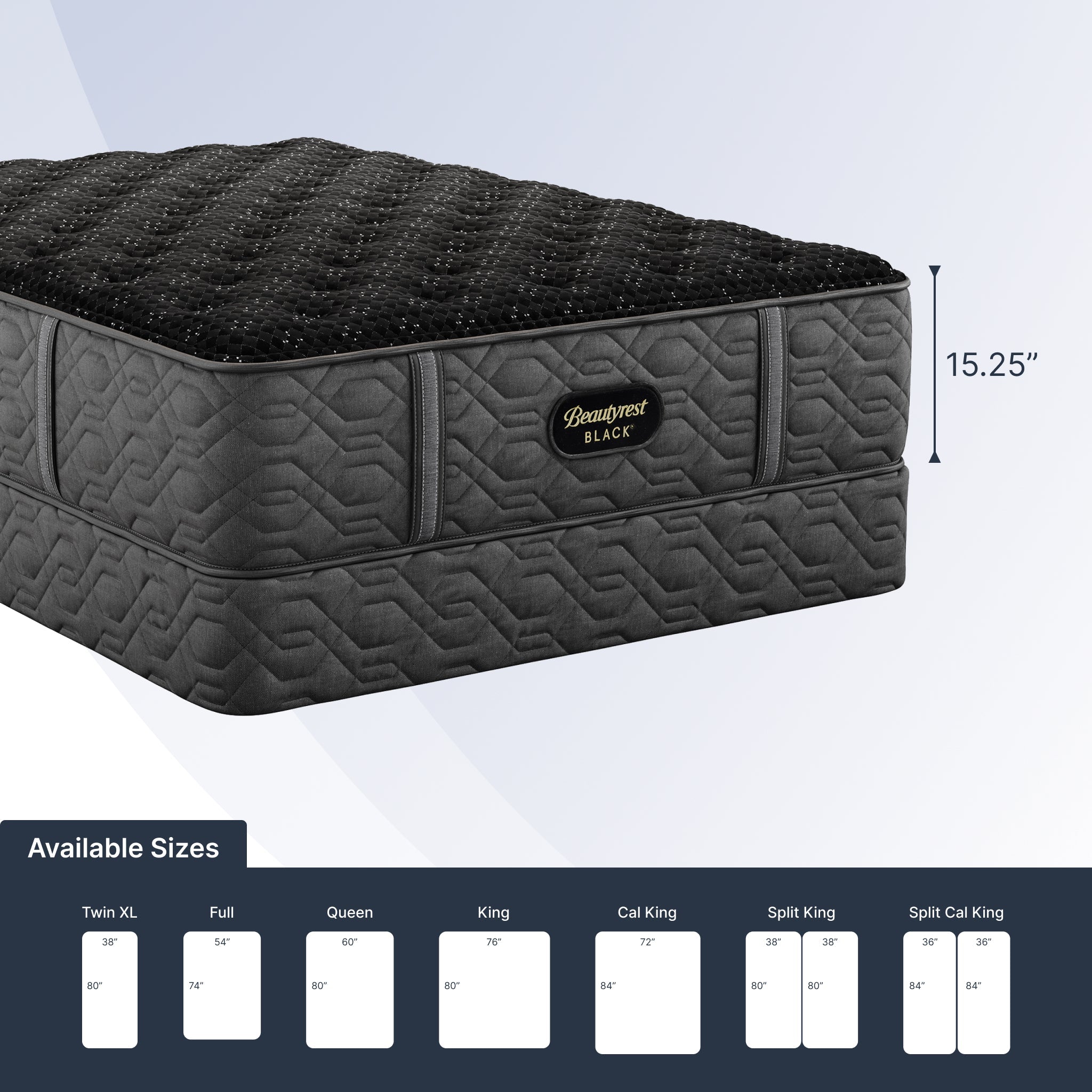 Black mattress with brand logo on a white background, showing dimensions and size options.