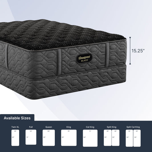 Black mattress with brand logo on a white background, showing dimensions and size options.