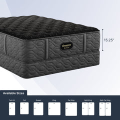 Black mattress with brand logo on a white background, showing dimensions and size options.
