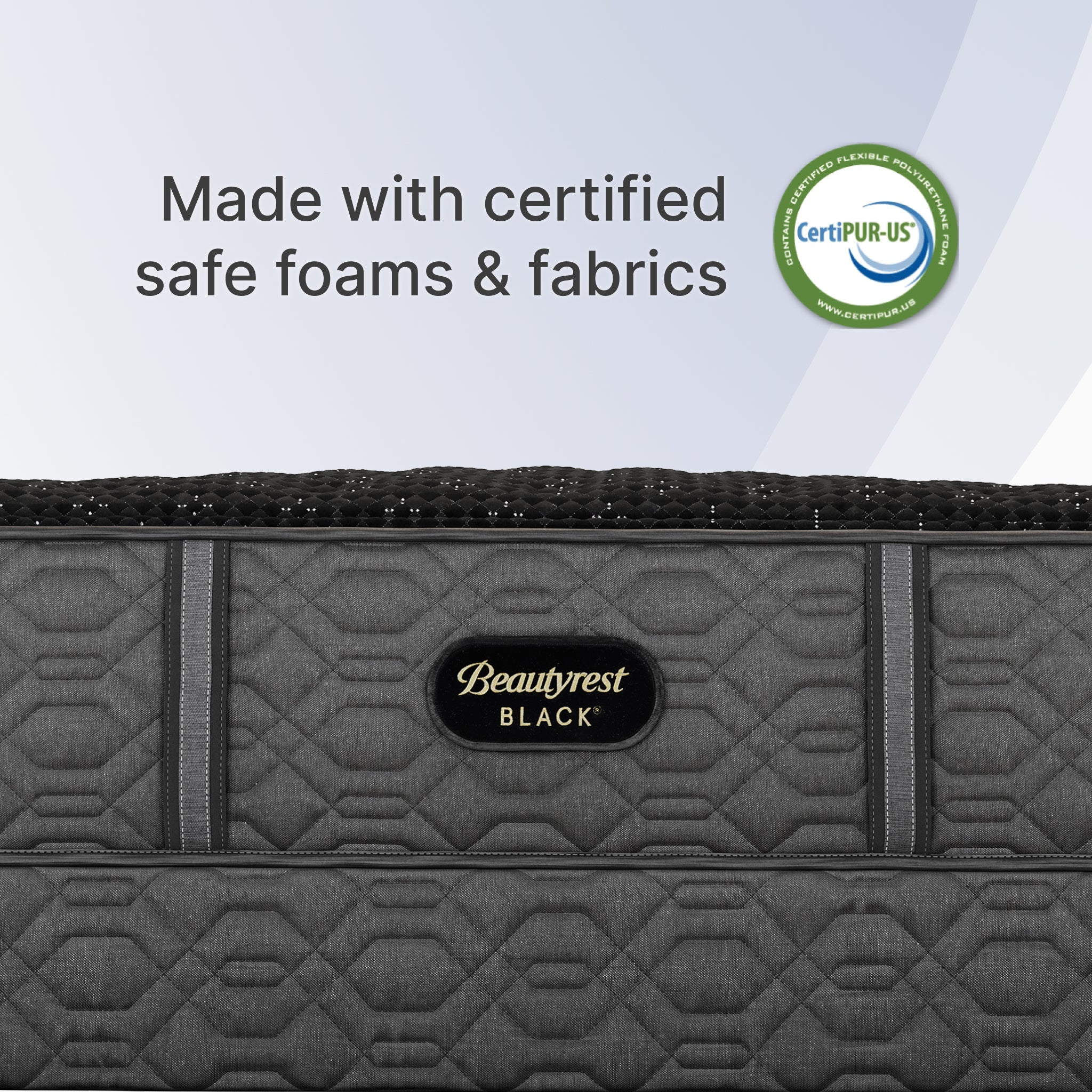 Gray mattress with Beautyrest Black logo and CertiPUR-US certification label on a light gray background