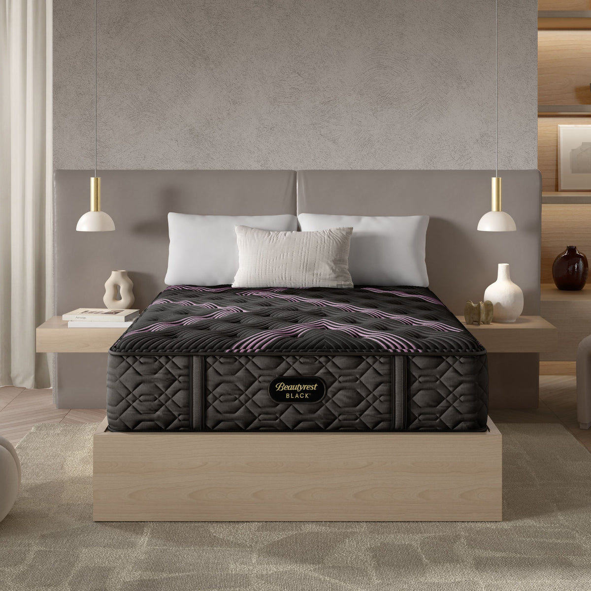 Bed with a mattress on display in a bedroom setting
