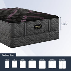 Gray mattress with brand logo on a white background, showing dimensions and size options.