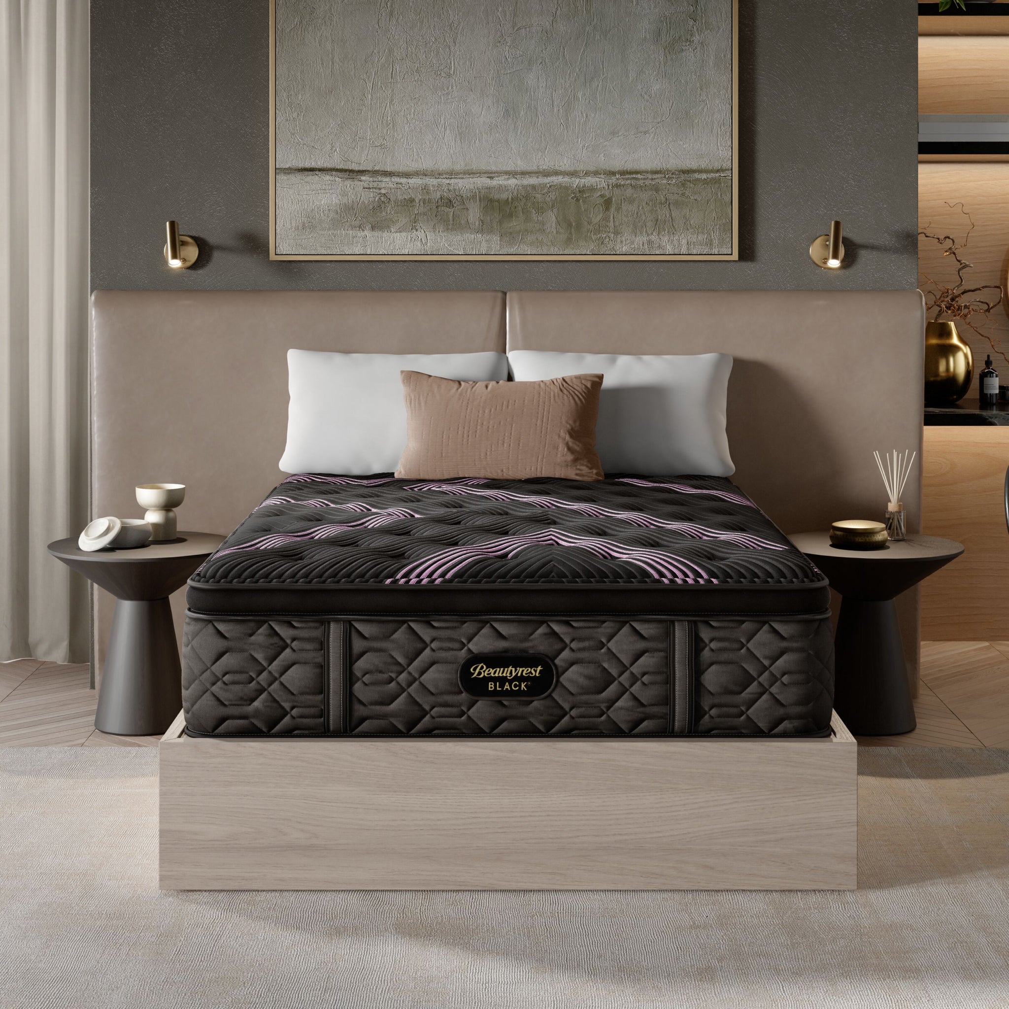 Bed with a mattress in a modern bedroom setting
