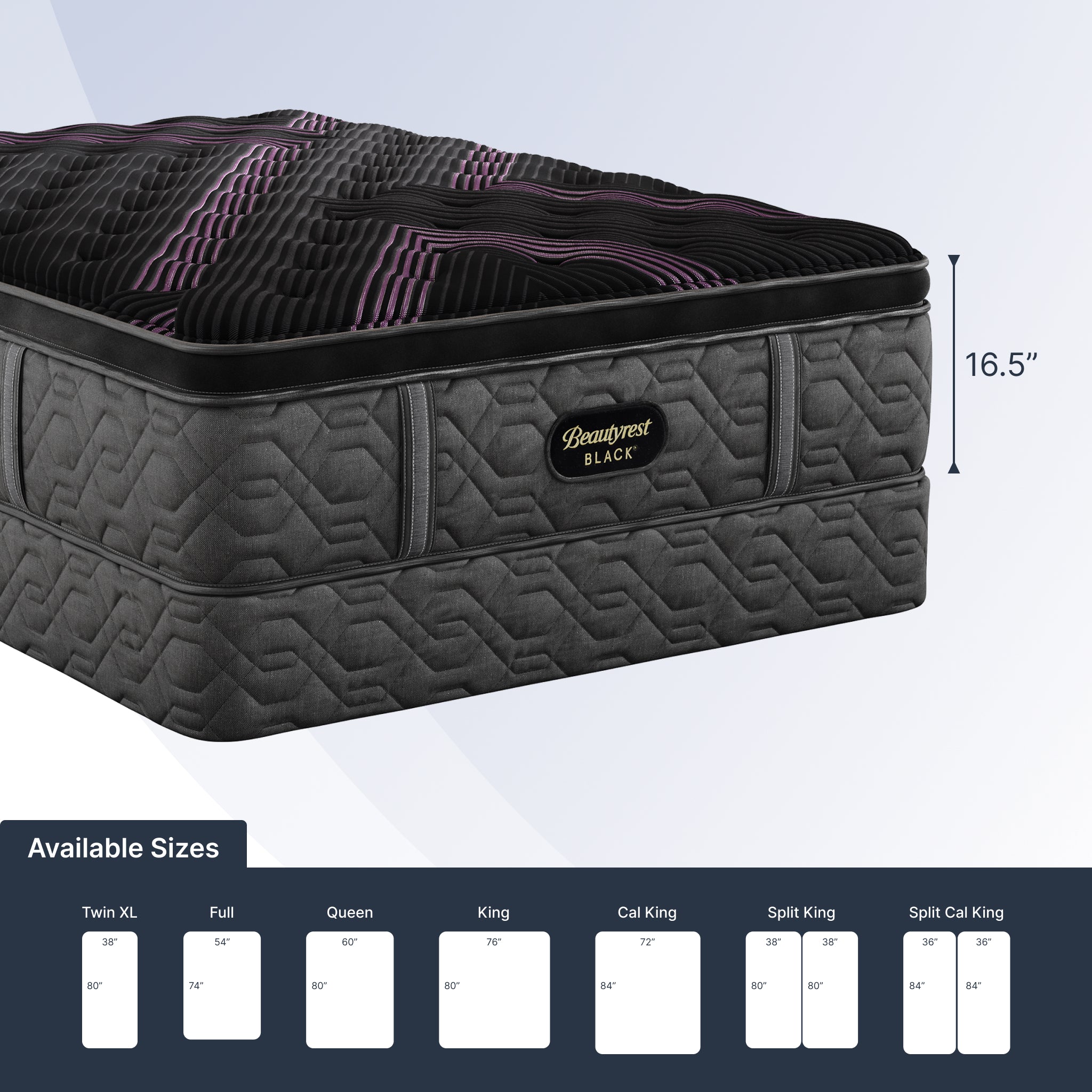 Black mattress with Beautyrest Black branding and size chart below on a light gray background