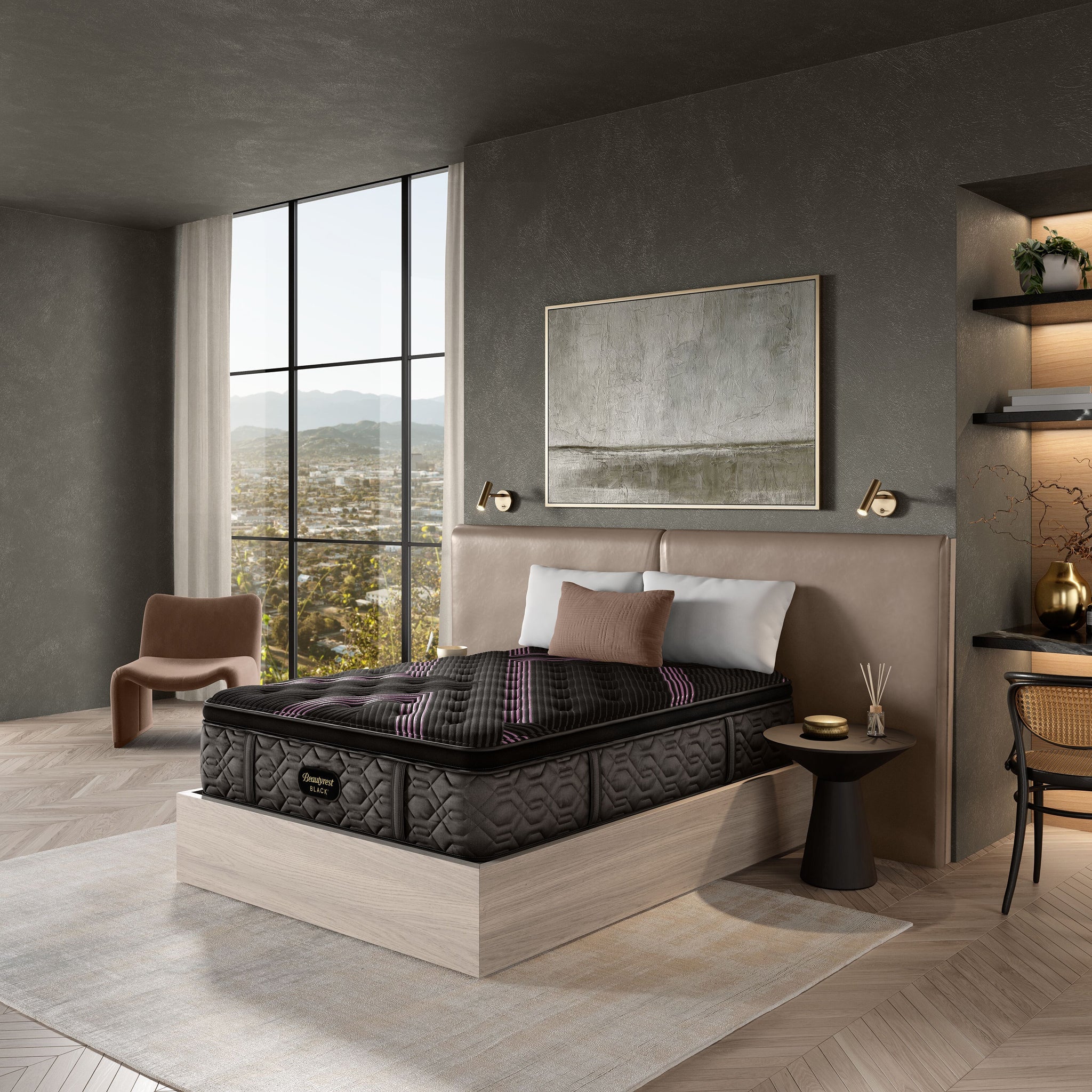 Modern bedroom with a large window, gray walls, and a black mattress on a wooden bed frame.