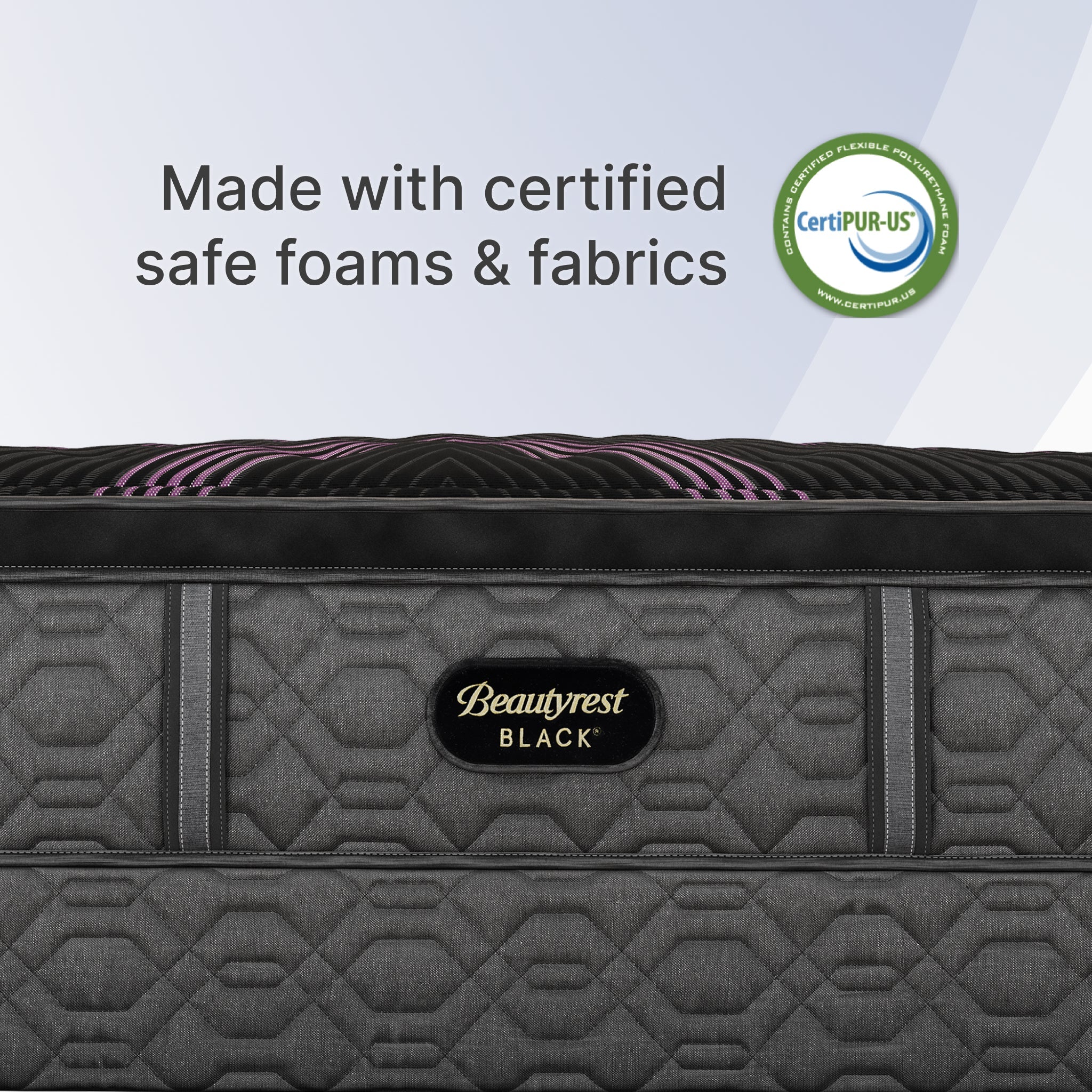 Gray Beautyrest Black mattress with CertiPUR-US logo on a light gray background