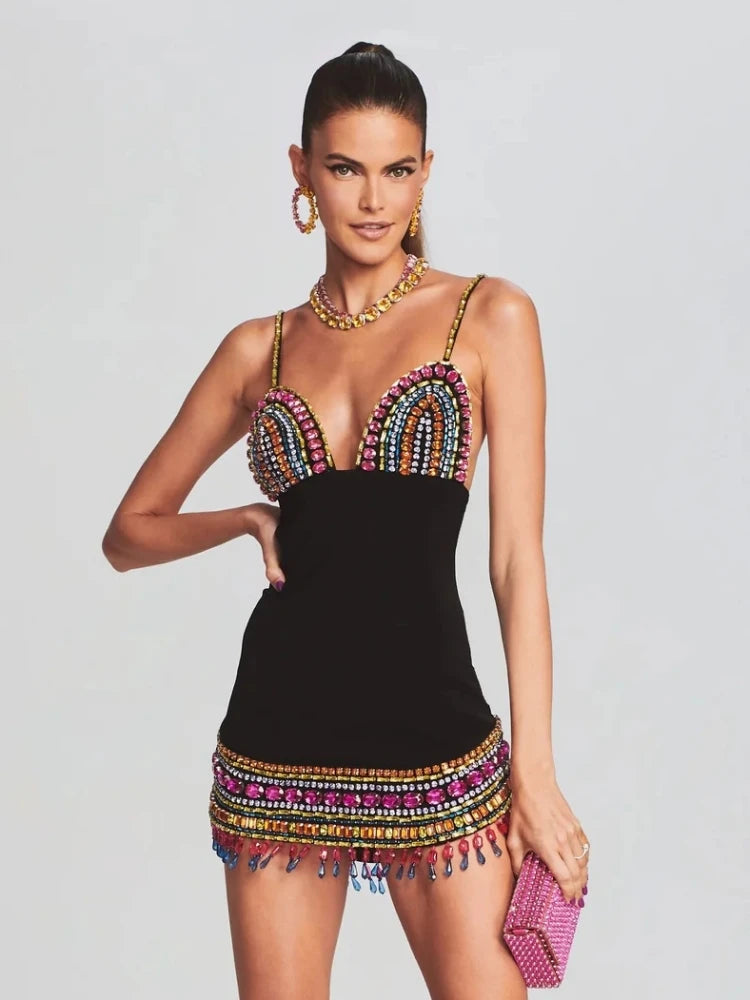 Black Crystal Bandage Bodycon Dress with Diamonds For Women, V-Neck, Meatpacking District, BYMANYC New York. BYMANYC ® New York