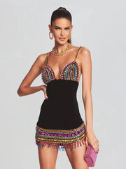 Black Crystal Bandage Bodycon Dress with Diamonds For Women, V-Neck, Meatpacking District, BYMANYC New York. BYMANYC ® New York