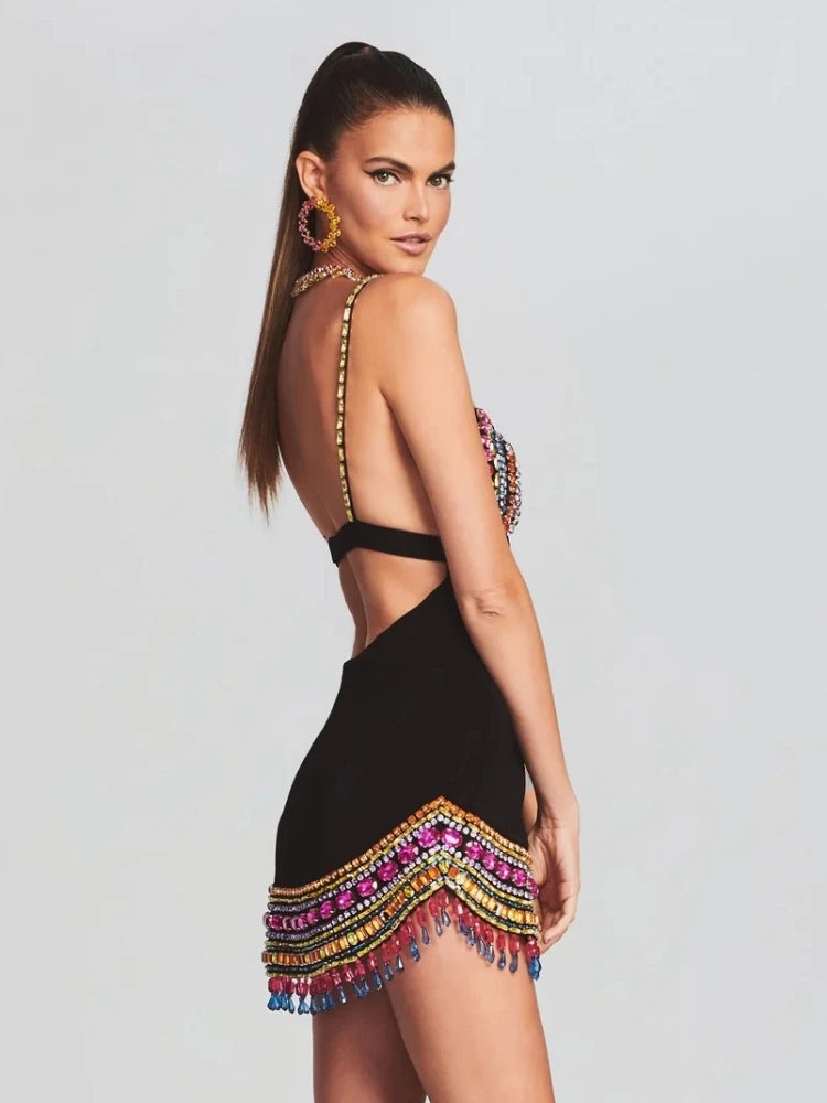 Black Crystal Bandage Bodycon Dress with Diamonds For Women, V-Neck, Meatpacking District, BYMANYC New York. BYMANYC ® New York