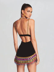 Black Crystal Bandage Bodycon Dress with Diamonds For Women, V-Neck, Meatpacking District, BYMANYC New York. BYMANYC ® New York