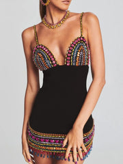 Black Crystal Bandage Bodycon Dress with Diamonds For Women, V-Neck, Meatpacking District, BYMANYC New York. BYMANYC ® New York
