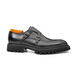 Black Double Monk Strap Leather Shoes