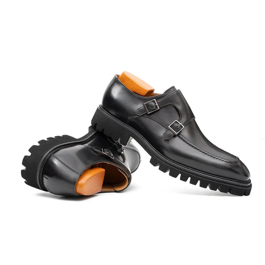 Black Double Monk Strap Leather Shoes