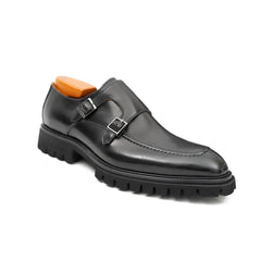Black Double Monk Strap Leather Shoes