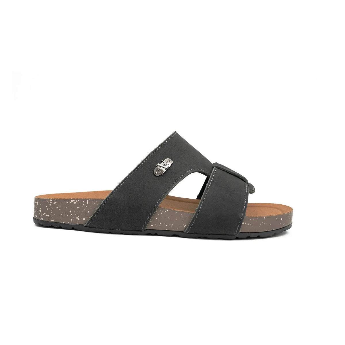 Black sandal with a strap on a white background