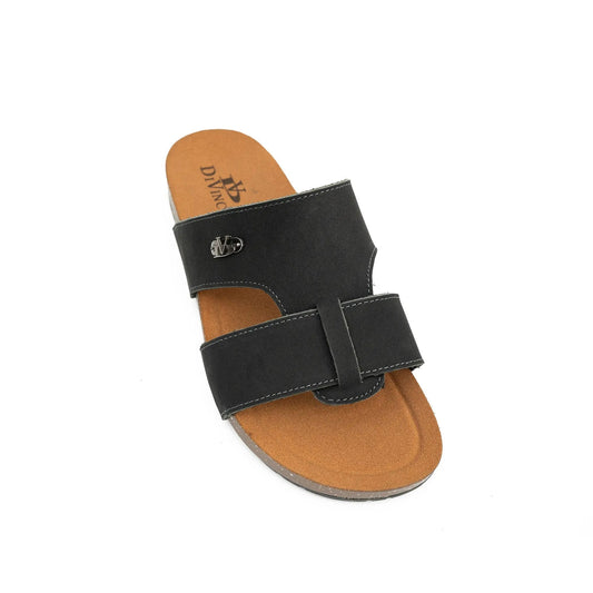 Black sandal with brown sole on a white background