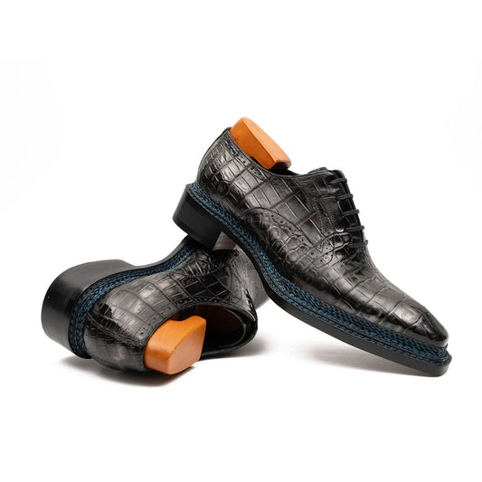 Black Grey Crocodile Oxford Shoes Goodyear Norwegian 8018