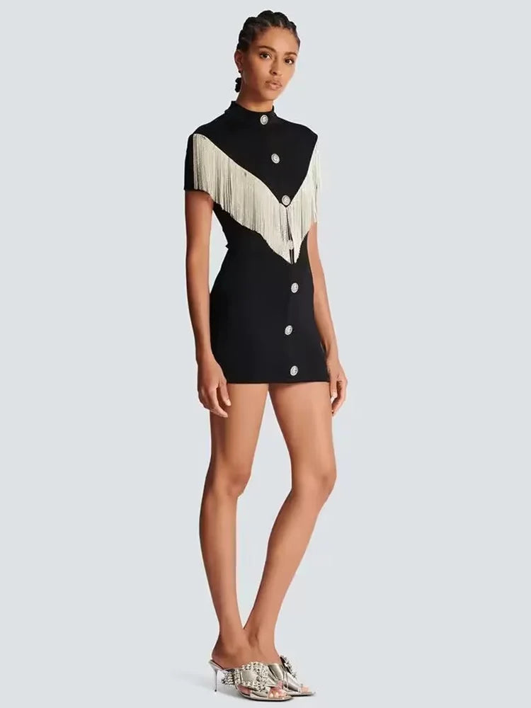 Black Mini Bodycon Dress with Button Tassel For Women, Meatpacking District, BYMANYC New York. BYMANYC ® New York