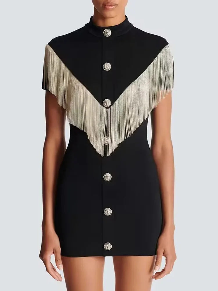 Black Mini Bodycon Dress with Button Tassel For Women, Meatpacking District, BYMANYC New York. BYMANYC ® New York