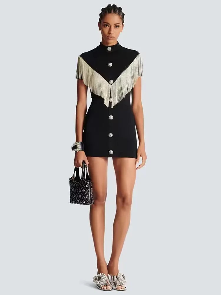 Black Mini Bodycon Dress with Button Tassel For Women, Meatpacking District, BYMANYC New York. BYMANYC ® New York