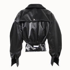 Black leather jacket with a clear vinyl panel on a white background