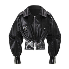 Black leather jacket with metallic accents on a white background