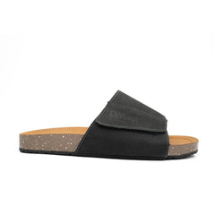 Black sandal with cork sole on a white background