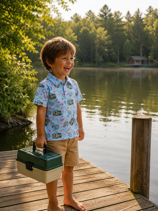 Child standing on a dock by a lake holding a green tackle box, surrounded by trees and nature.