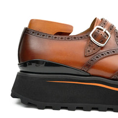 Brown Brogue Monk Shoes With Chunky Sole