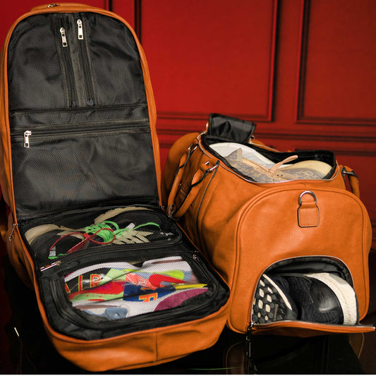 Brown Tumbled Leather Signature Bag Set (Signature Backpack and Duffle Bag) Sole Premise