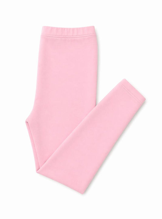A pair of folded light pink leggings on a clean white background.